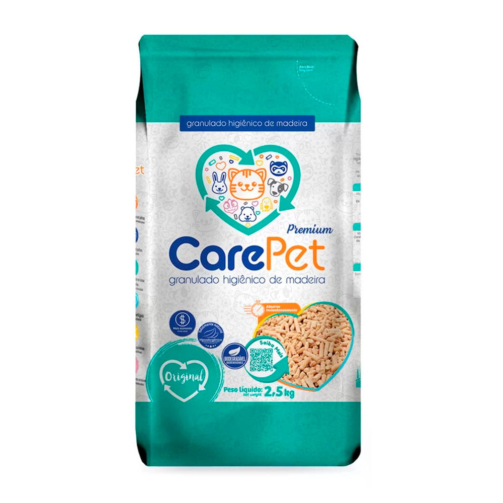 Granulado Higiênico de Madeira Carepet Original Para Gatos - 2,5kg