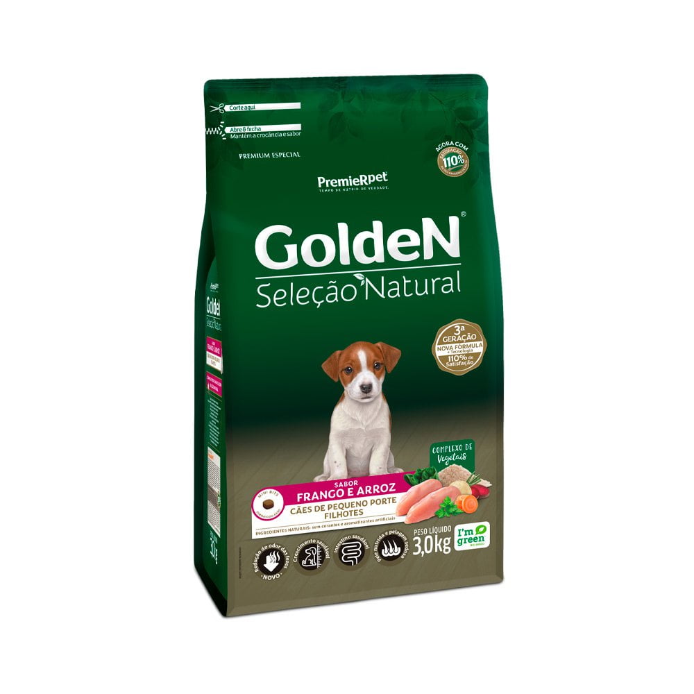 Ração Golden Seleção Natural Mini Bits Cães Filhotes Porte Pequeno Frango e Arroz - 3kg