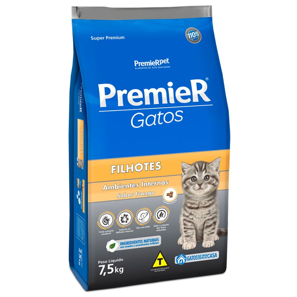 Ração Premier Ambientes Internos Para Gatos Filhotes Sabor Frango - 7,5 Kg