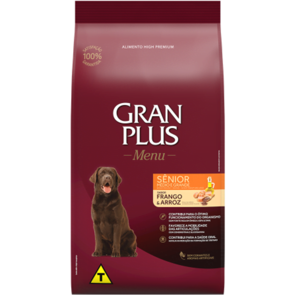 Ração GranPlus Menu Cães Sênior Porte Médio e Grande Frango e Arroz - 15kg