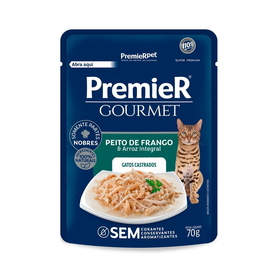 Ração Úmida Sachê Premier Gourmet Gatos Castrados Frango 70g