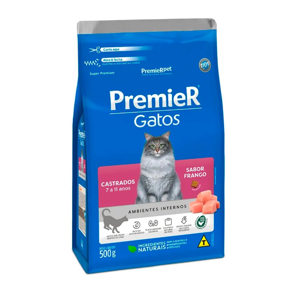 Premier Ambientes Internos Gatos Adultos Castrados 7 A 11 Anos Frango - 500g