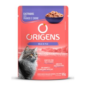 Ração Úmida Origens Sachê Gatos Castrados Sabor Frango e Carne 85g
